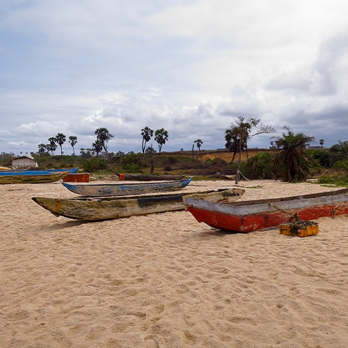Traditional fishing boats lined up on a sandy beach along the tropical coast of Congo