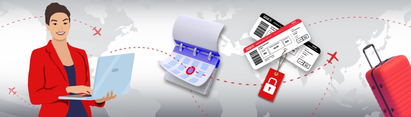 A woman holding a laptop, calendar, flight ticket; luggage graphics